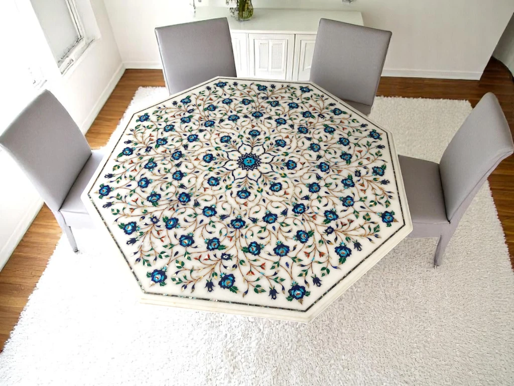 Octagonal Marble Living Room Table - Parchin kari 17th Century Mughal Art 